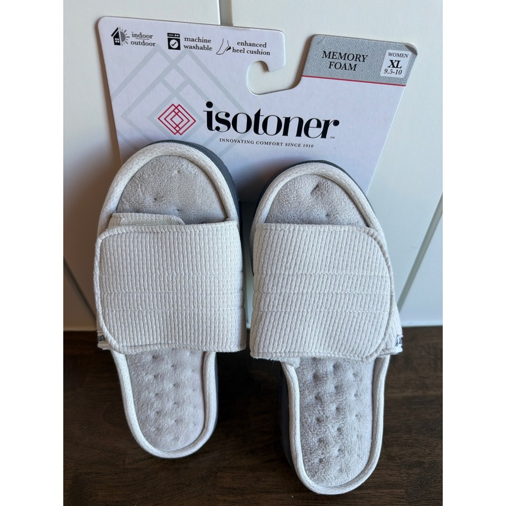 Isotoner Womens Memory Foam Terry Slide Slippers Light Grey XL 9.5-10 Adjustable